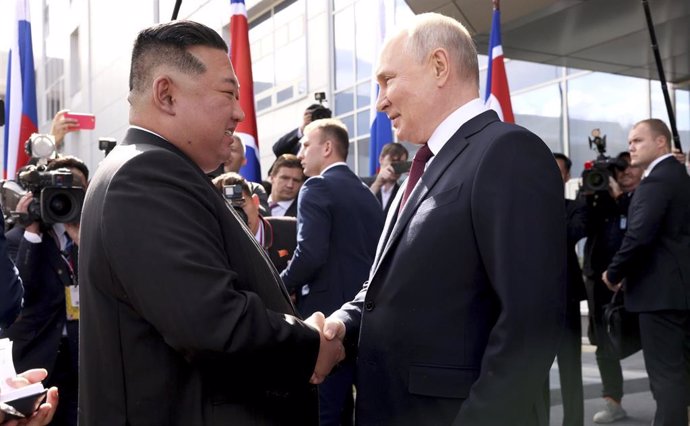 File - The North Korean leader, Kim Jong Un, with the Russian president, Vladimir Putin, during their meeting in September 2023 on Russian territory