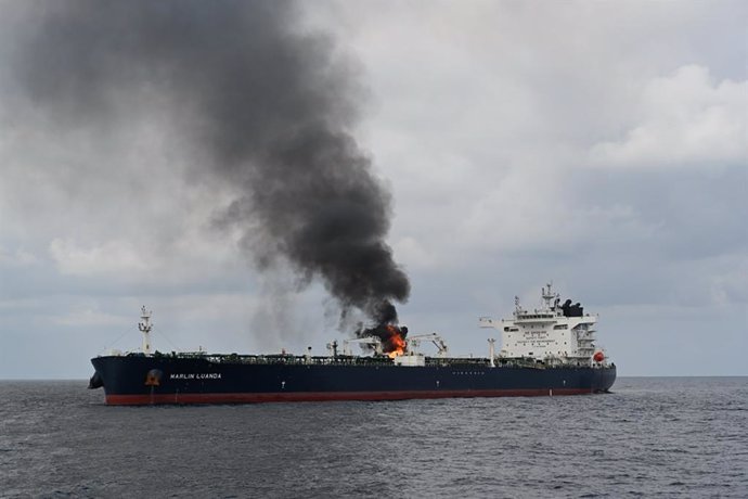 File - File image of a ship attacked by the Houthis in the Gulf of Aden