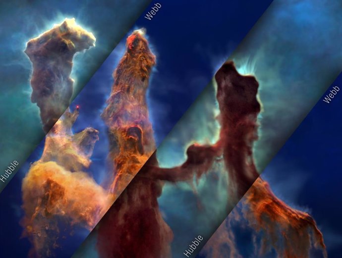 A mosaic of views in visible light (Hubble) and infrared light (Webb) of the same frame of the Pillars of Creation visualization.