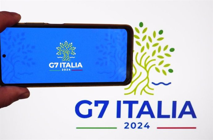 May 31, 2024, Ukraine: In this photo illustration, a 50th G7 summit logo seen displayed on a smartphone.  The 50th G7 summit is set to be held from 13 to 15 June 2024 in the city of Fasano in Apulia.