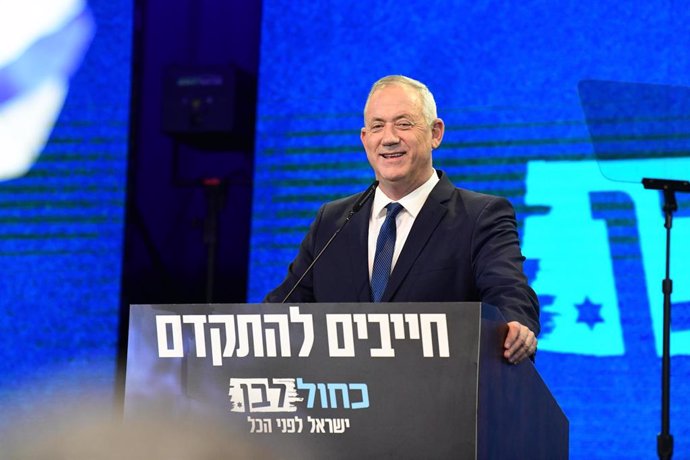 File - TEL AVIV, March 3, 2020 Benny Gantz speaks during a rally at the Blue and White party election campaign headquarters in Tel Aviv, Israel, on March 3, 2020.. Israeli Prime Minister Benjamin Netanyahu's main rival, centrist Benny Gantz, vowed on