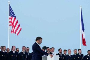 Emmanuel Macron giving his speech on the 80th anniversary of D-Day.