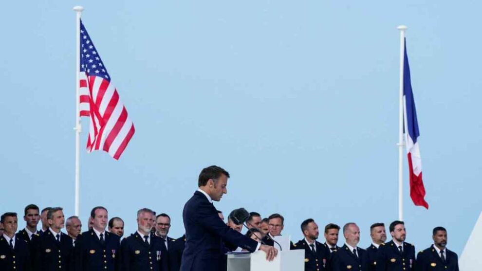 Emmanuel Macron giving his speech on the 80th anniversary of D-Day.