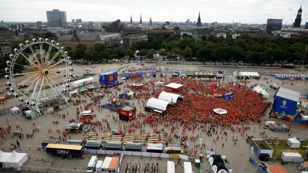 Netherlands fans stand in a fan zone before the match between Netherlands and Poland, June 16, 2024