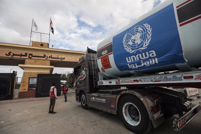 File - File image of a truck carrying UNRWA humanitarian aid for the Gaza Strip