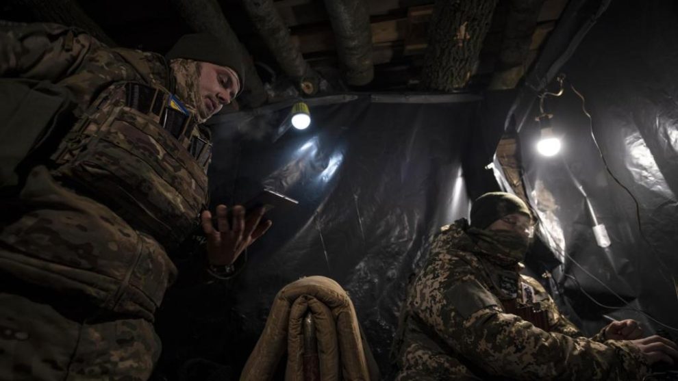 The control room of a Ukrainian drone unit, installed inside a trench on the Bakhmut combat front.