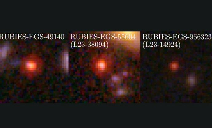 Researchers studied three mysterious objects from the early universe.  Shown here are their color images, composited from three bands of NIRCam filters aboard the James Webb Space Telescope.