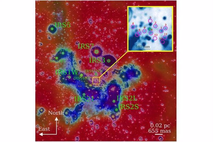 Plot of multi-wavelength findings of the inner 0.4 pc of the galactic center observed in the K-band (red) and L-band (blue) observed with NACO (VLT).