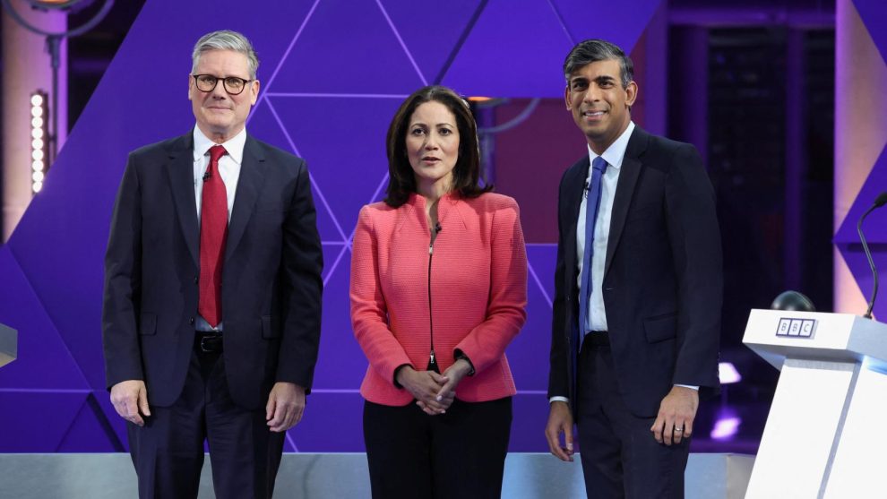 From left to right: Keir Starmer, Mishal Husain (debate moderator) and Rishi Sunak.