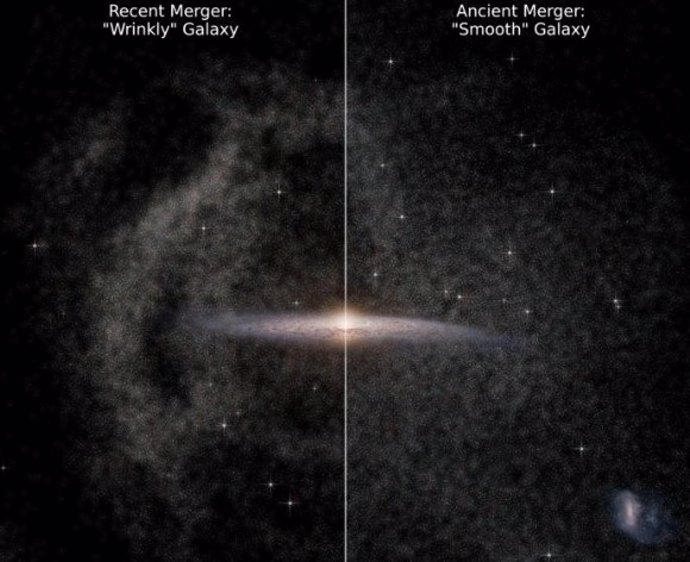 On the left, the halo appears disordered and "wrinkled", a sign that the merger occurred relatively recently.  On the right, it appears smooth and uniform, a sign that the fusion instead occurred in the ancient past.