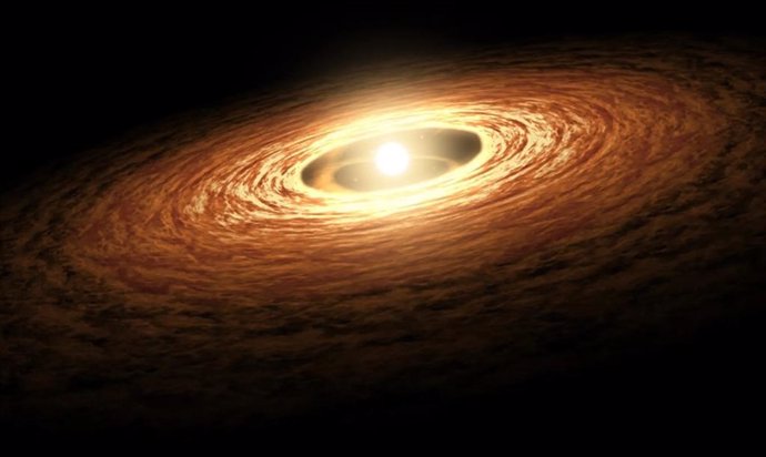 This is an artist's impression of a young star surrounded by a disk of gas and dust.