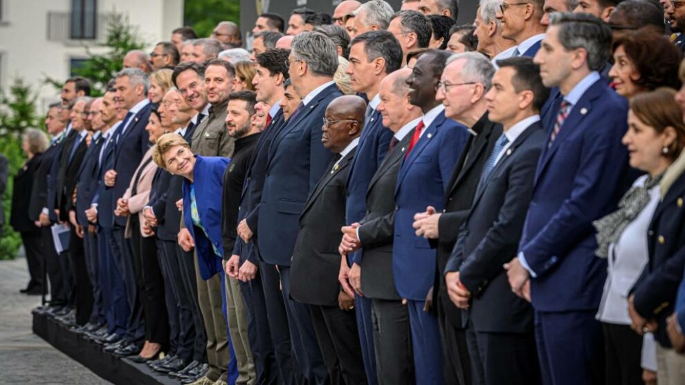 Heads of state pose for a group photo during the Ukraine Peace Summit in Stansstad, near Lucerne, Switzerland, Saturday, June 15, 2024. Heads of state from around the world gather at the Buergenstock Resort in Central Switzerland for Ukraine Peace Summit on June 15-16