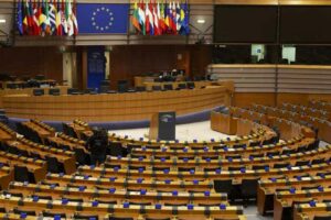 The empty chamber of the European Parliament in Brussels (Belgium).