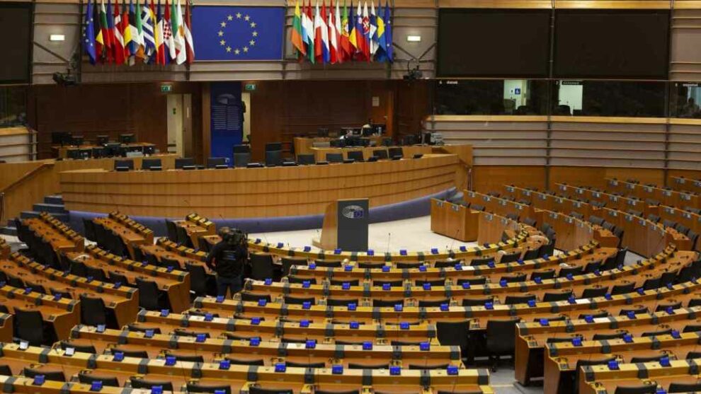 The empty chamber of the European Parliament in Brussels (Belgium).