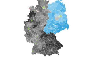 Map of the results of the European elections in Germany.  In gray, CDU/CSU, in blue, AfD.