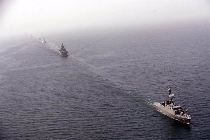 Archive - March 14, 2024, Undefined, Iran: Warships during the ''Maritime Security Belt 2024'' combined naval exercises between Iran, Russia, and China in the Gulf of Oman.  Iran has stepped up its military cooperation with Beijing and Moscow in response to