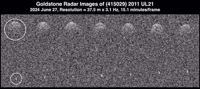 Asteroid 2011 UL21, 1.5 kilometers (0.9 mi) wide, during its approach to Earth on June 27 from about 6 million kilometers (3.7 million mi) away. The asteroid and its small moon are circled in white.