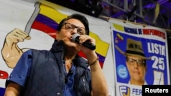 Ecuadorian presidential candidate Fernando Villavicencio speaks during a campaign rally in Quito, Ecuador, on August 9, 2023. Villaviciencio was shot dead on August 9, 2023 in the Ecuadorian capital.