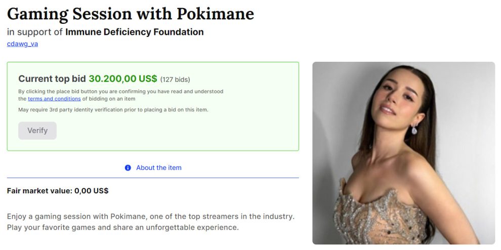 The auction to play with Pokimane caused a lot of interest and will give a lot of money to charity