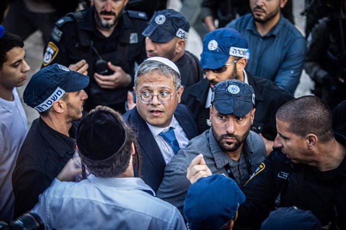 File - May 18, 2023, Jerusalem, Israel: Israeli minister of National Security Itamar Ben-Gvir looks on at Damascus gate in Jerusalem during the flag march.  Tens of thousands of young religious-Zionist men and women marched through the capital waving St