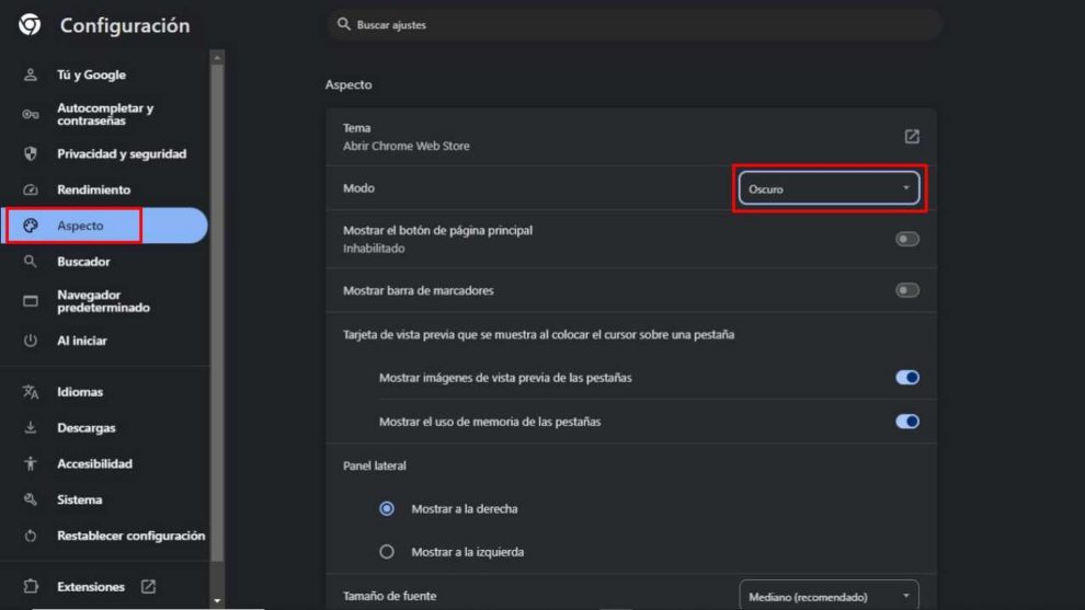 Activate dark mode in Google Chrome from settings