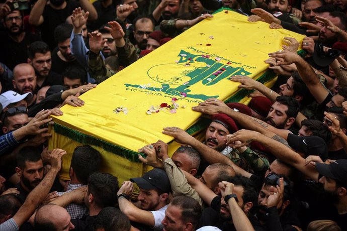 File - File image of the funeral of a Hezbollah member in Beirut, Lebanon