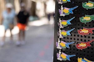 Magnets with the silhouette of the island of Cyprus in a gift shop in Nicosia.