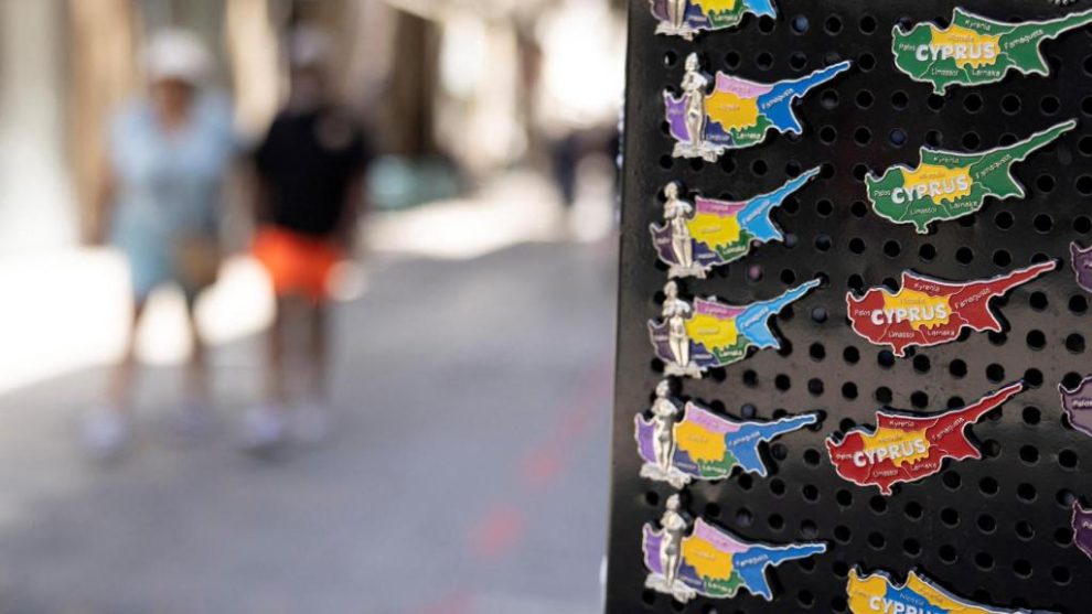 Magnets with the silhouette of the island of Cyprus in a gift shop in Nicosia.