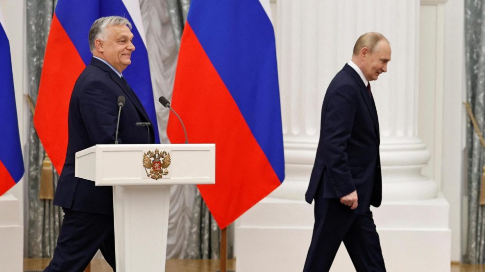 Hungarian Prime Minister Viktor Orban follows Russian President Vladimir Putin.