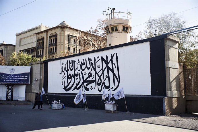 File - Taliban flag at the former US Embassy in Kabul