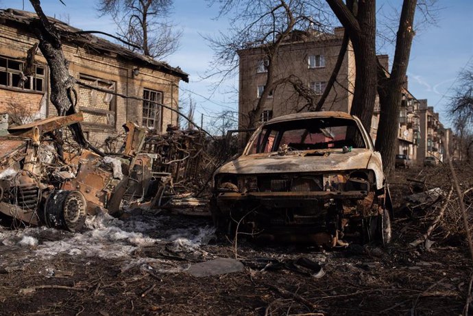 File - February 26, 2024, Donetsk, Donetsk, Ukraine: Buildings bombed and destroyed in the city of Chasiv Yar by Russian bombing