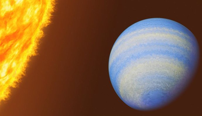 Illustration of HD 189733 b, the closest transiting hot Jupiter to Earth.