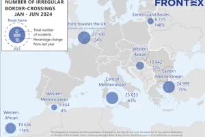 Number of irregular entries on the main migration routes in the EU during the first half of 2024