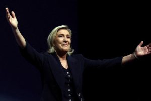 The far-right Marine Le Pen celebrates the results of the first round of the legislative elections in France.