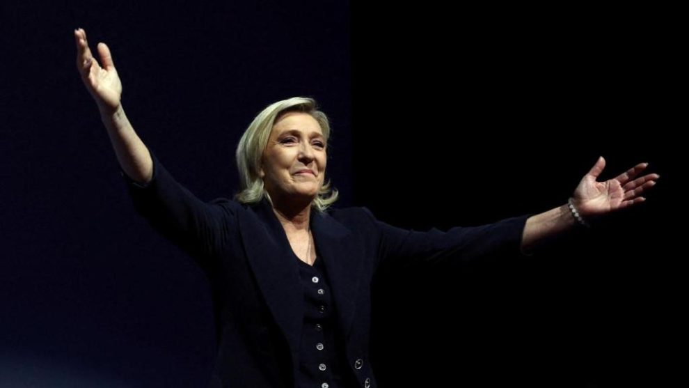 The far-right Marine Le Pen celebrates the results of the first round of the legislative elections in France.