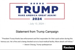 A statement from Trump campaign spokesman Steven Cheung is seen in an email distributed by his campaign after shots were heard at the Butler Farm Show at a rally in Butler, Pennsylvania, on July 13, 2024.