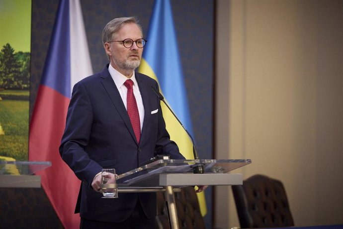 File - July 7, 2023, Prague, Czech Republic: Czech Prime Minister Petr Fiala listens to a question during a joint press conference with Ukrainian President Volodymyr Zelenskyy following bilateral meetings at Straka Academy, July 7, 2023 in Prague, Czech Republic