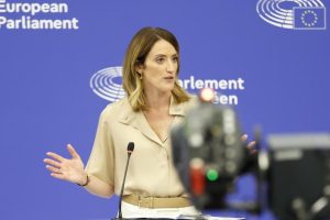 The President of the European Parliament, Roberta Metsola, during the press conference following her re-election on Tuesday in Strasbourg