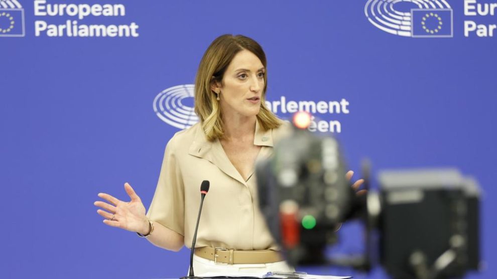 The President of the European Parliament, Roberta Metsola, during the press conference following her re-election on Tuesday in Strasbourg