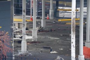 Debris strewn across the customs plaza at the Rainbow Bridge border crossing on Wednesday in Niagara Falls, New York.