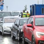 Vehicles pass through a checkpoint at the German-Polish border crossing Stadtbruecke in Frankfurt.