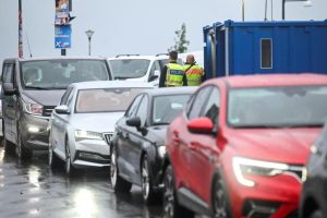 Vehicles pass through a checkpoint at the German-Polish border crossing Stadtbruecke in Frankfurt.