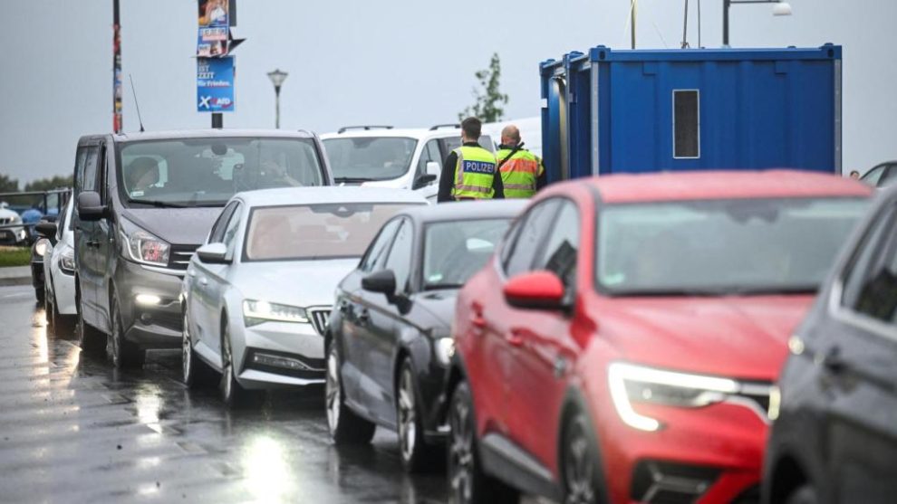 Vehicles pass through a checkpoint at the German-Polish border crossing Stadtbruecke in Frankfurt.