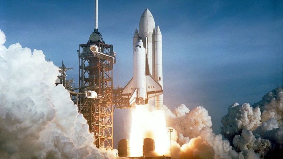 Space shuttle Columbia lifts off from NASA's Kennedy Space Center in Florida on April 12, 1981, marking the first flight of the U.S. space shuttle program.