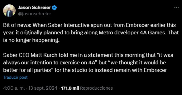 4A Games and Metro acquire Embracer