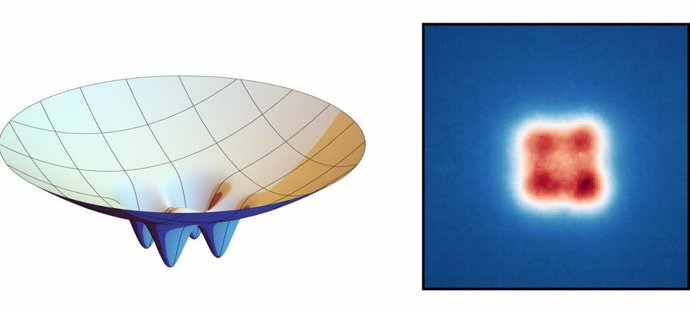 By creating indentations in the reflective surfaces (shown on the left in an exaggerated manner; the reflective surface is facing up), the researchers were able to imprint a structure into the photon condensate (right).