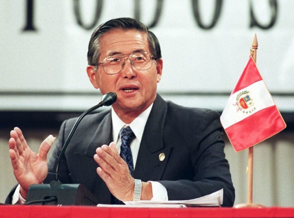 Peruvian President Alberto Fujimori answers questions during a press conference at the Summit of the Americas venue in Santiago. Credit: CRIS BOURONCLE/AFP via Getty Images