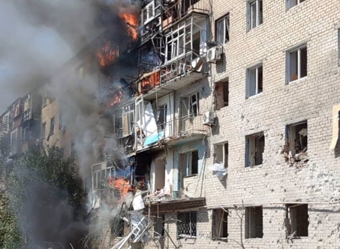 Residential building bombed by Russian forces in Donetsk, Ukraine