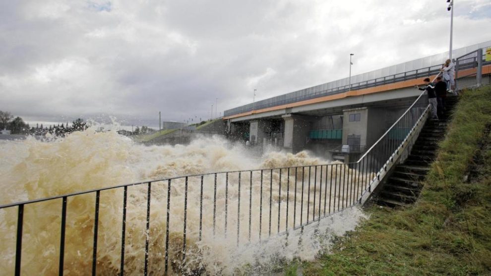 Rising water level in the Nysa Klodzka River at the Glebinow Hydroelectric Power Plant in Nysa, Poland.