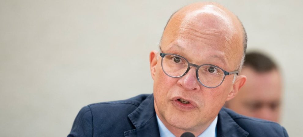 Jan-Michael Simon, chair of the group of human rights experts on Nicaragua, addresses a session of the Human Rights Council in Geneva (file).